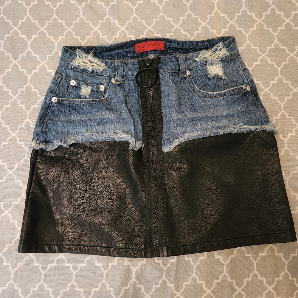 denim & pleather mini skirt